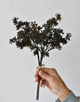 Hand holding a 12-inch faux dark brown and green sedum stem bundle