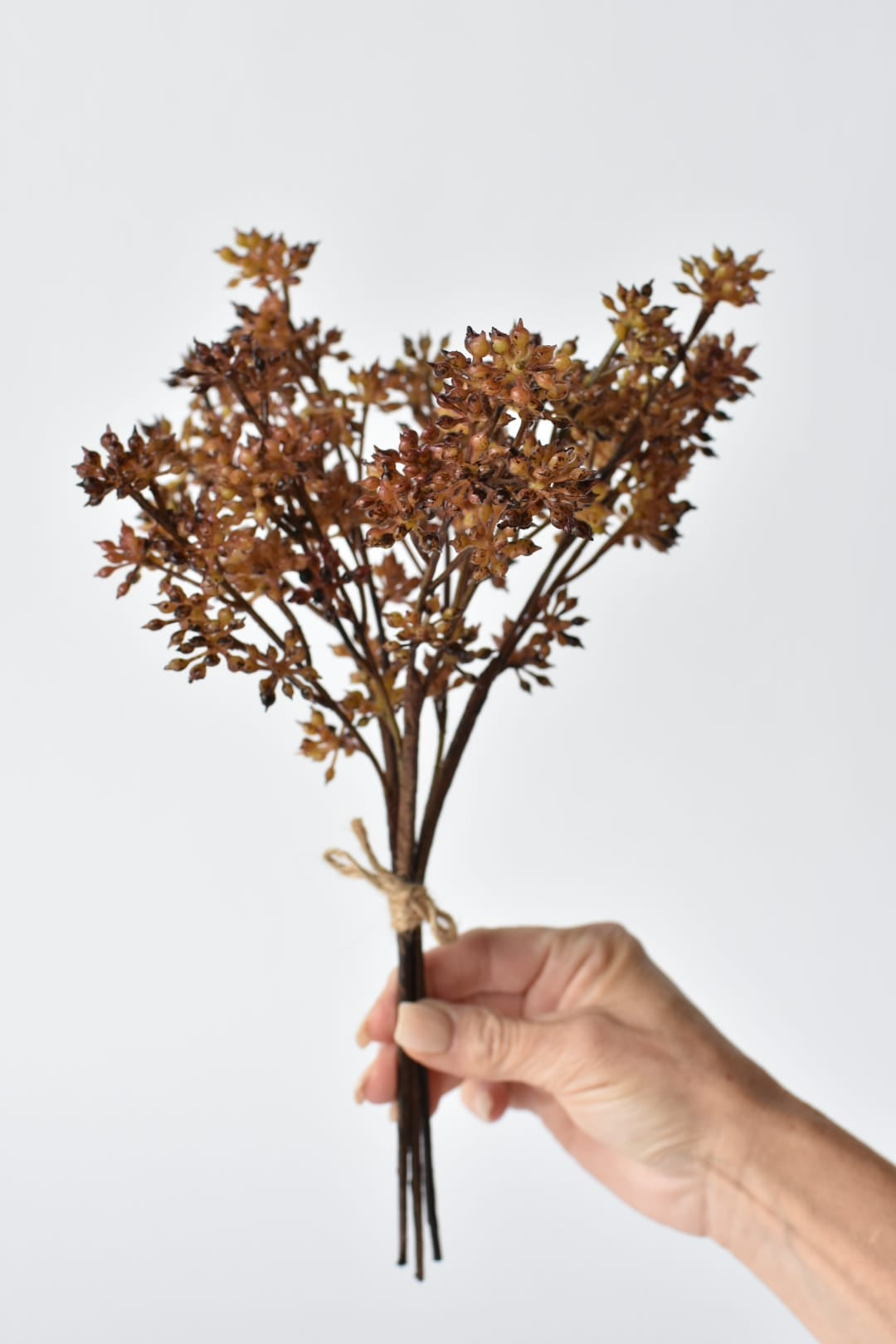 12 inch faux amber and tobacco sedum stem bundle of 3 stems, full view