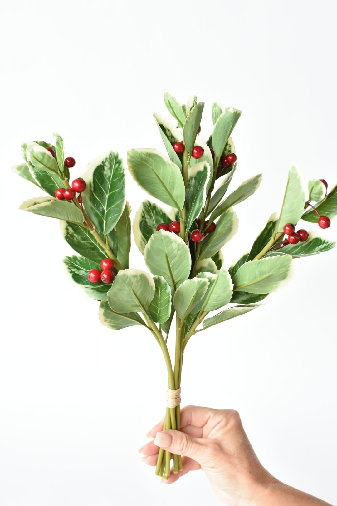 Variegated faux holly leaves with a waxy finish and clustered red berries