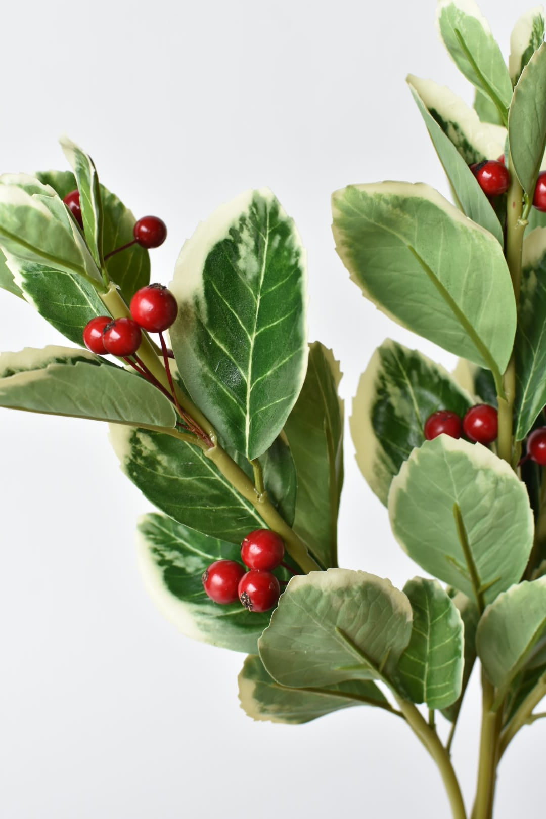 Close-up of red foam berries on a faux variegated holly stem