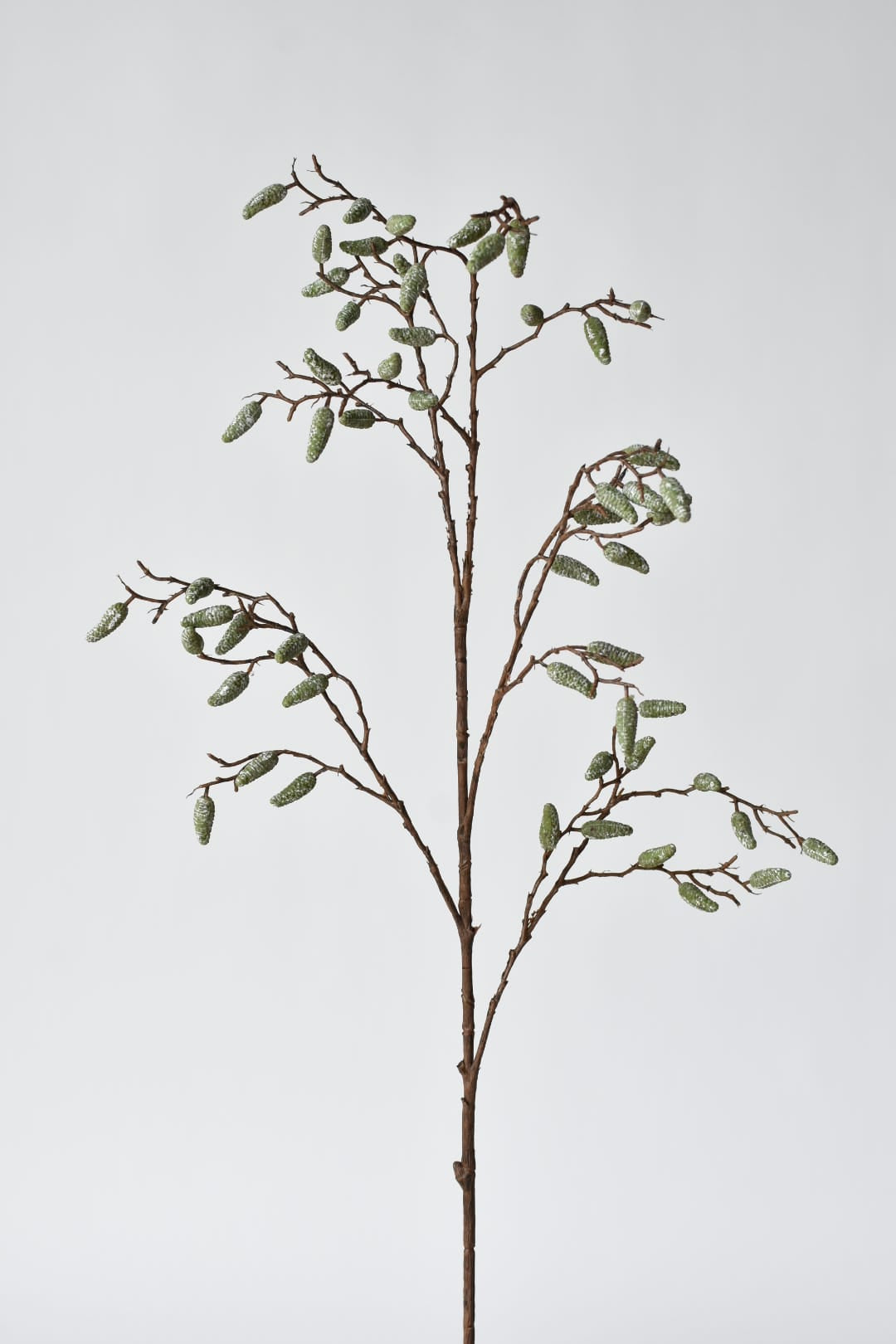 35 inch faux pod spray branch stem with green gray-washed pods, full length view