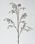 35 inch faux pod spray branch stem with green gray-washed pods, full length view