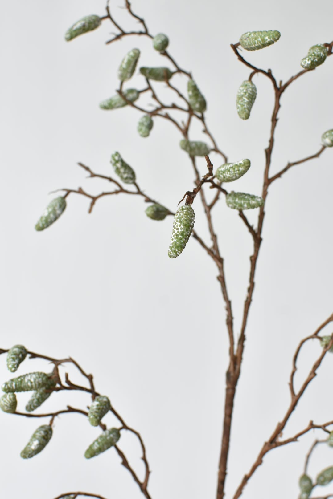 Texture detail of the molded green and gray pods on a faux branch stem