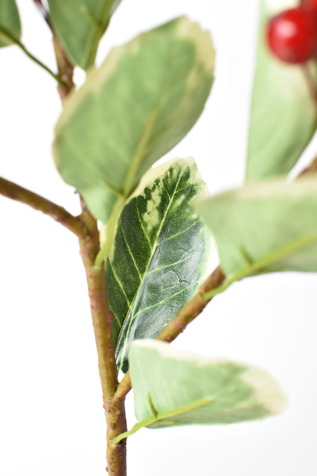 Faux variegated holly stem with red berries shown from a second angle