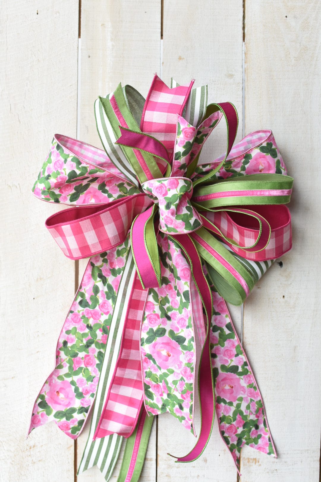 Pink/Green Floral and Stripe Hand Tied Bow
