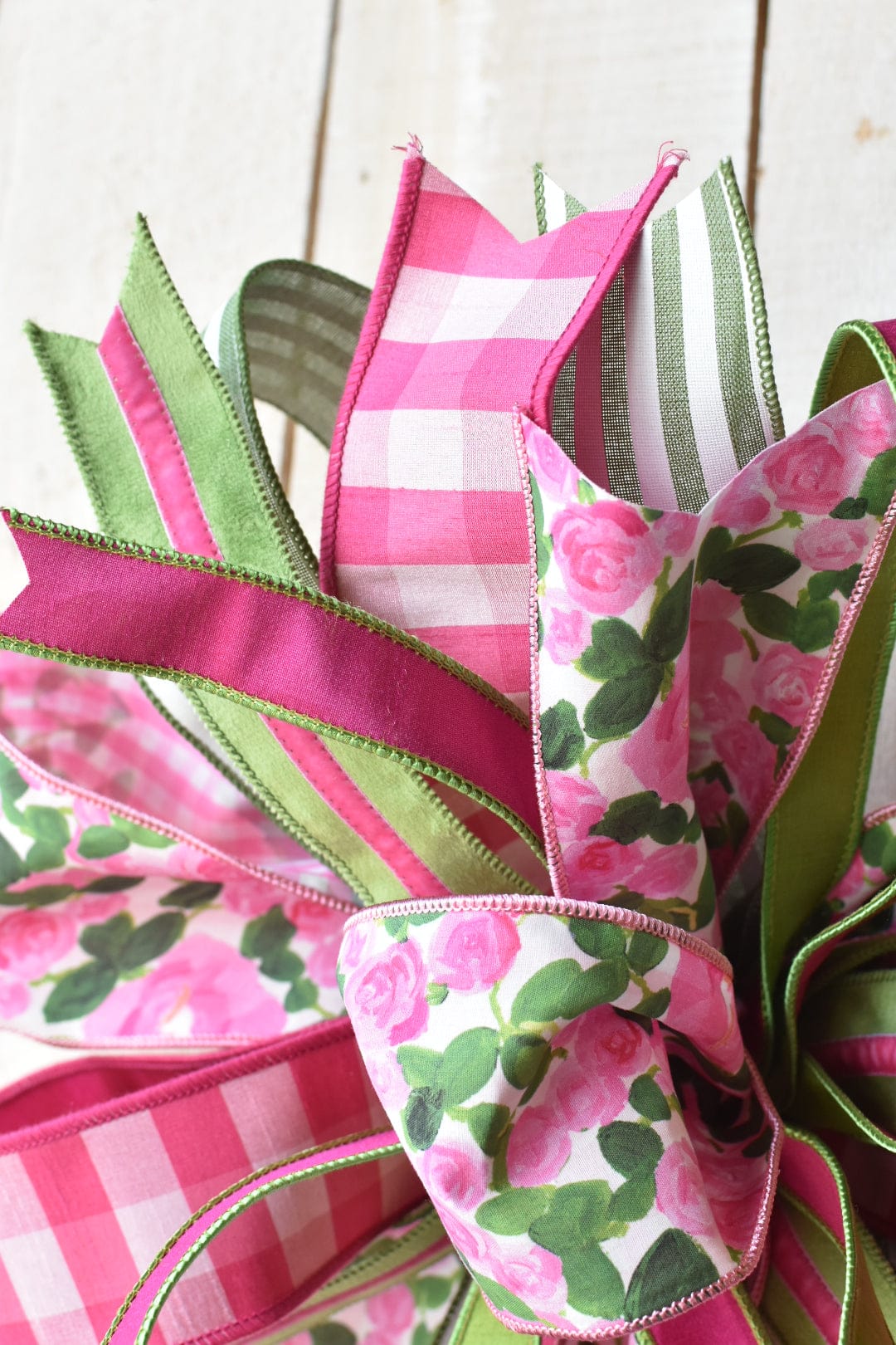 Pink/Green Floral and Stripe Hand Tied Bow