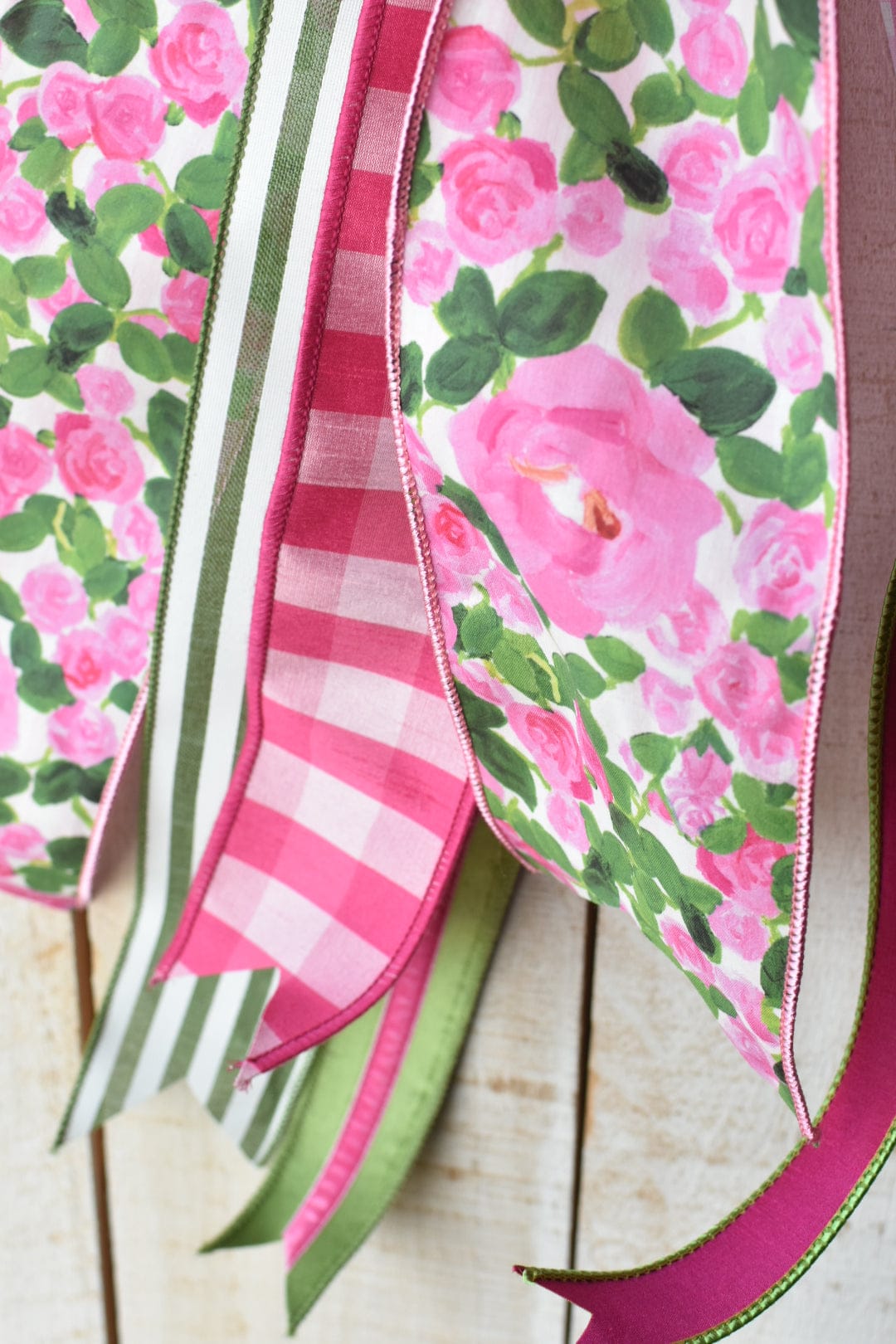 Pink/Green Floral and Stripe Hand Tied Bow