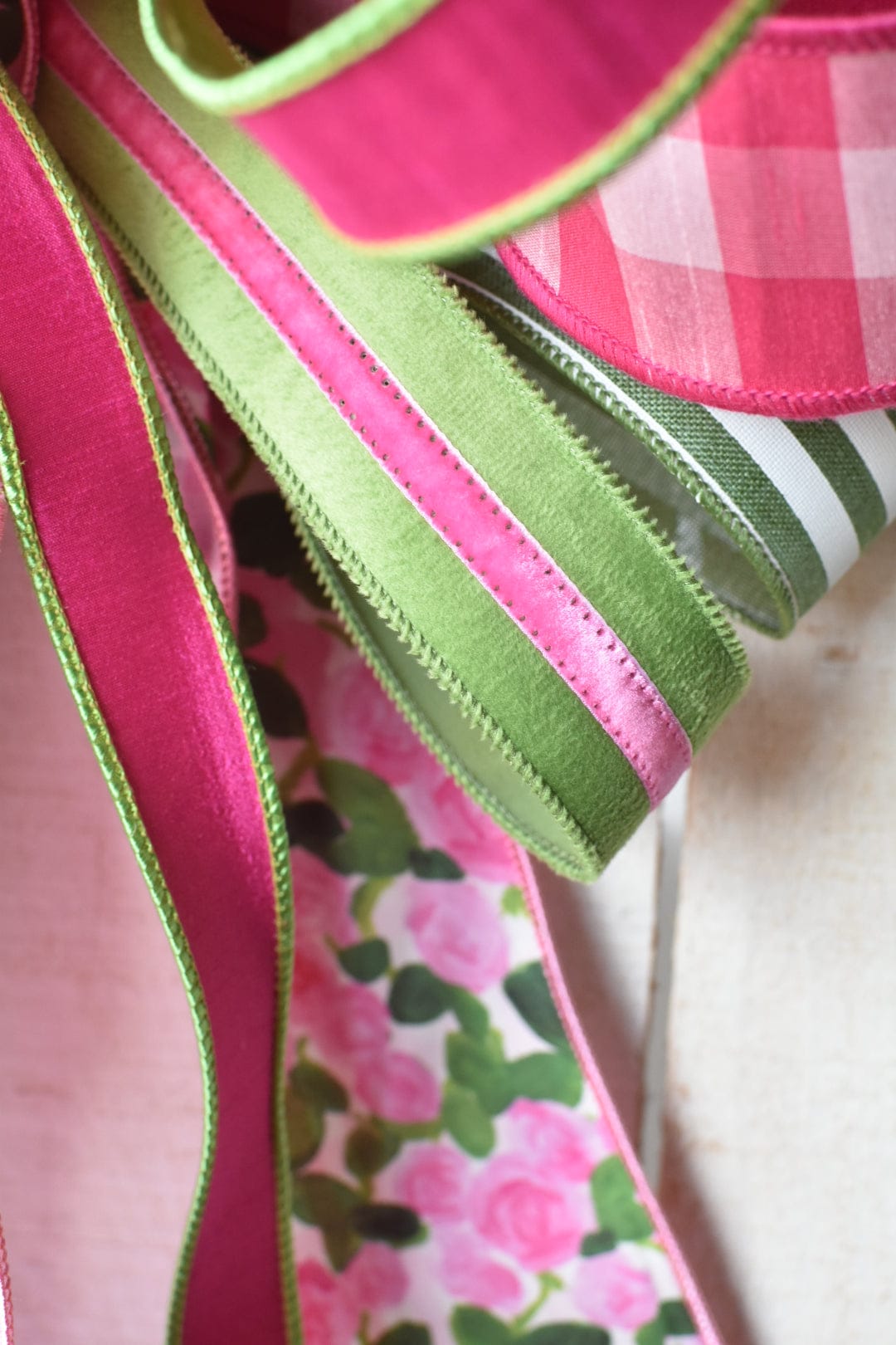 Pink/Green Floral and Stripe Hand Tied Bow