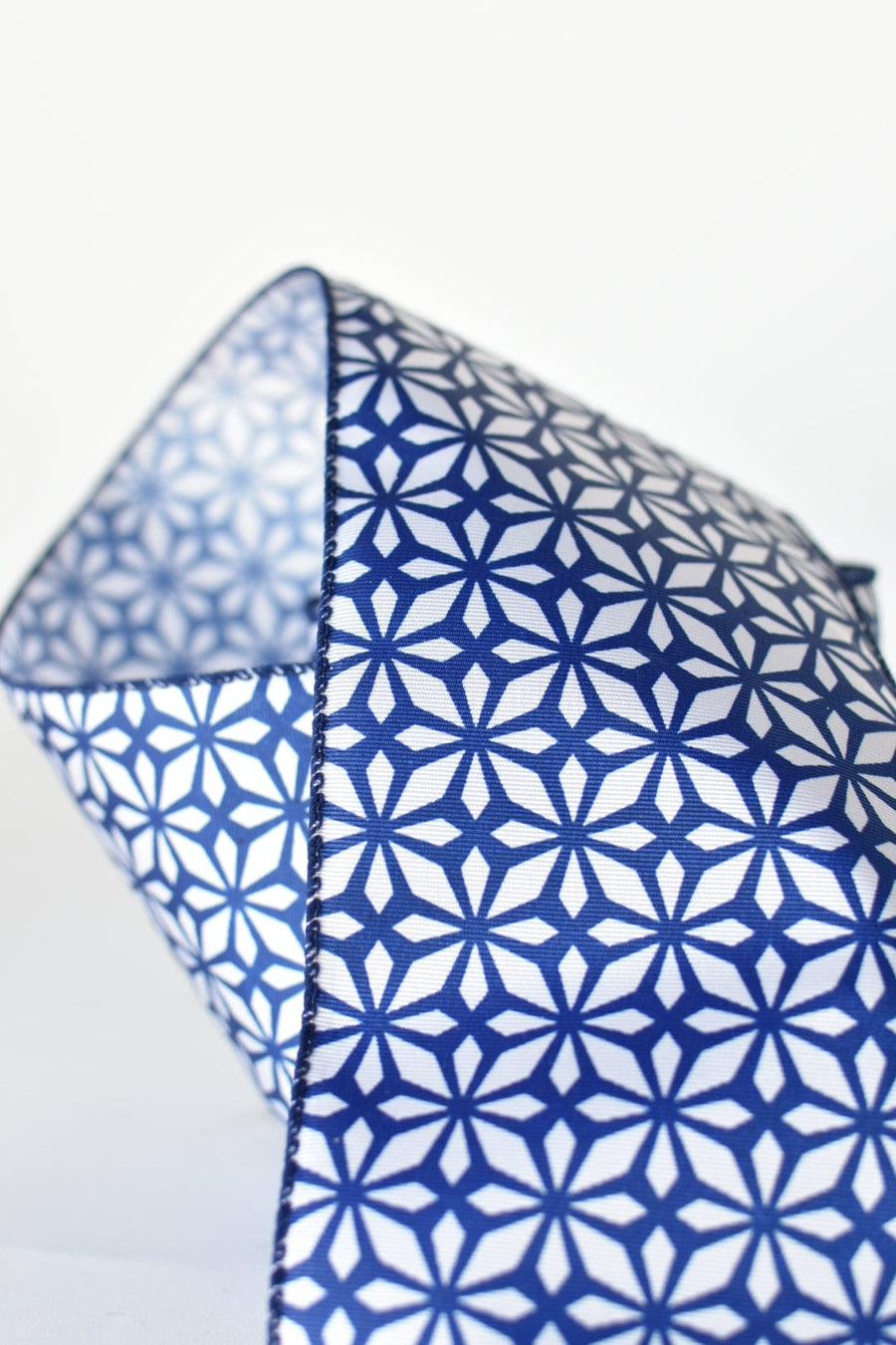 4" x 10yd Blue + White Geometric Pattern Wired Ribbon