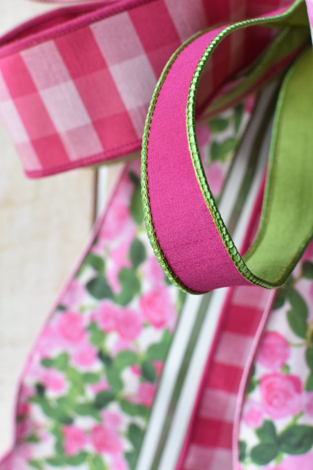 Pink/Green Floral and Stripe Hand Tied Bow