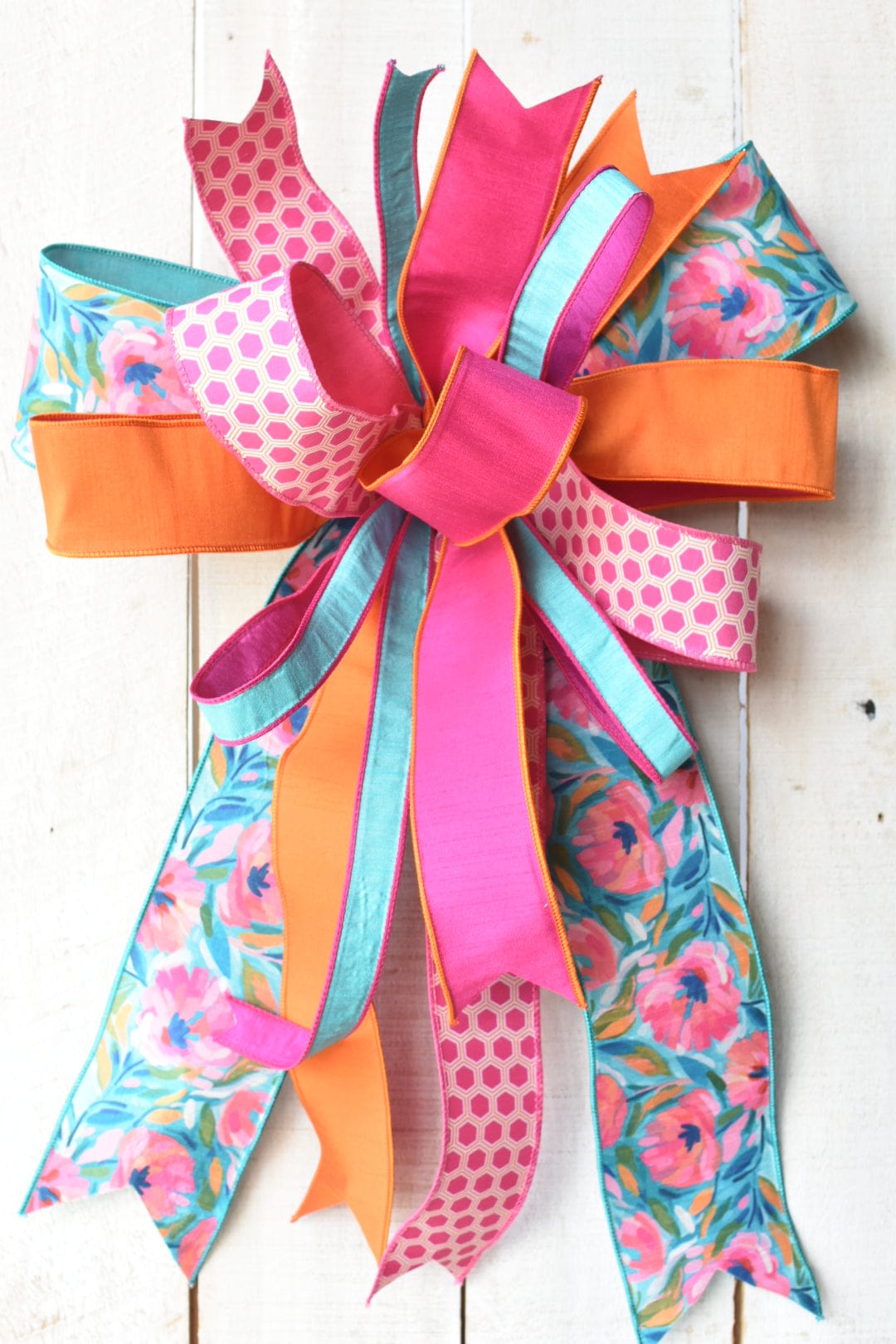 Coral/Orange/Pink/Blue Floral Hand Tied Bow
