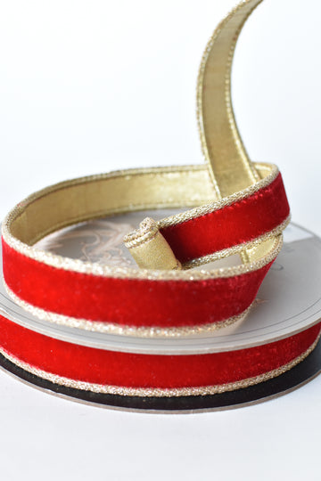 1" x 10yd Red Velvet Ribbon with Gold Lame Backing