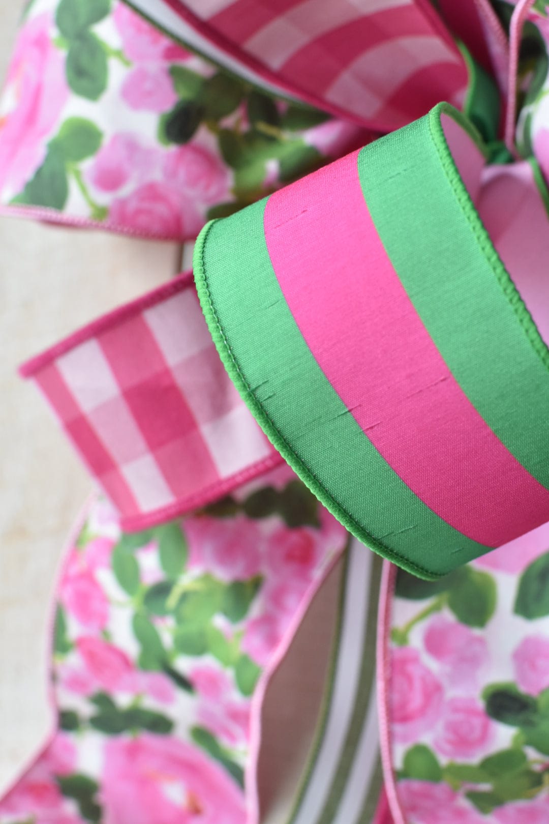 Pink/Green Floral and Stripe Hand Tied Bow