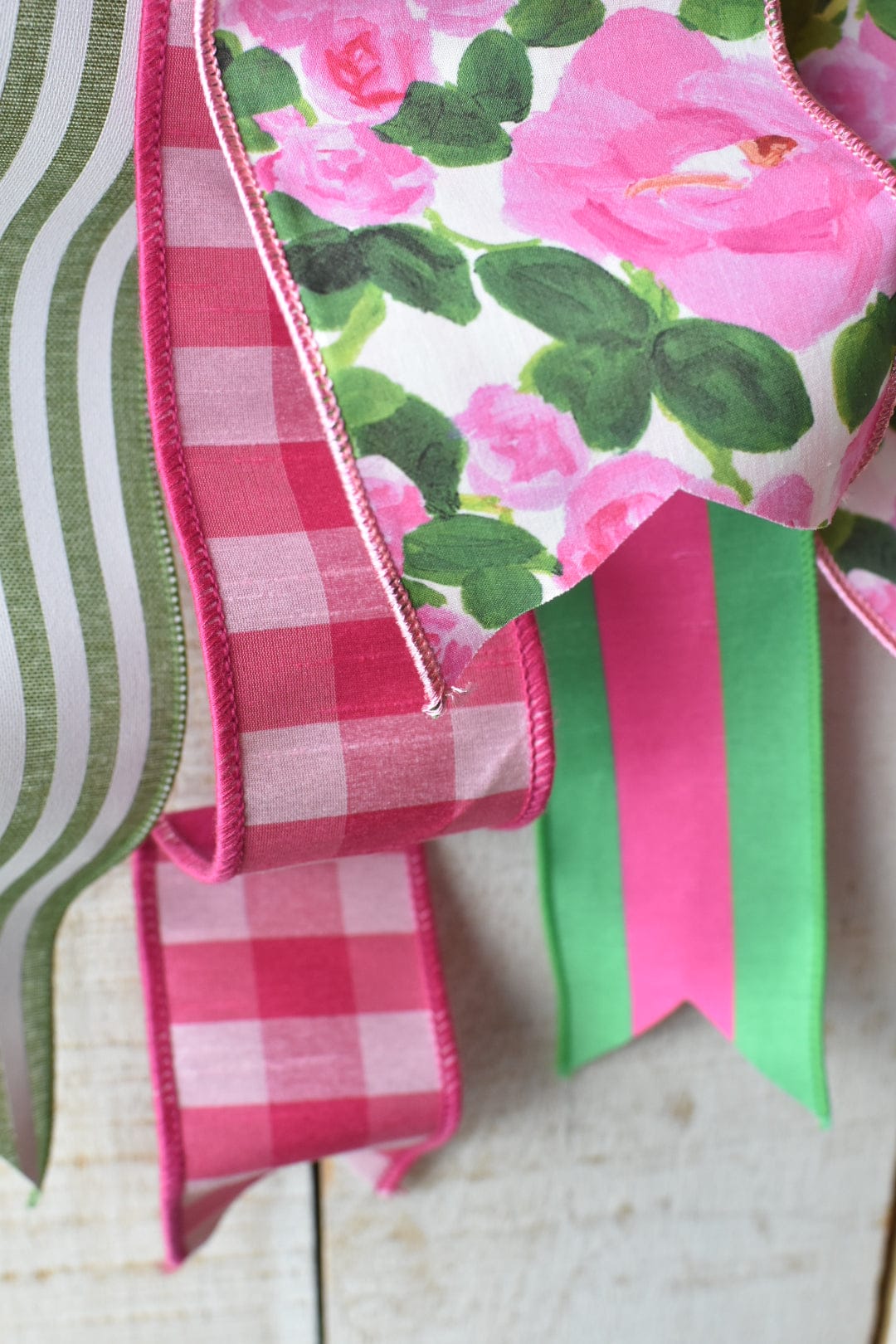 Pink/Green Floral and Stripe Hand Tied Bow
