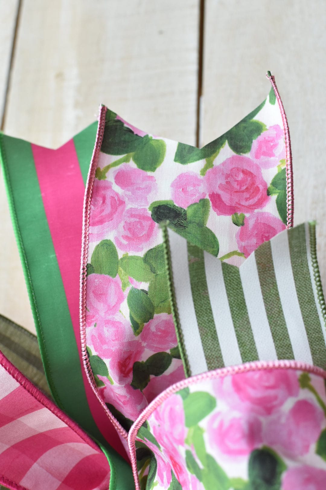 Pink/Green Floral and Stripe Hand Tied Bow