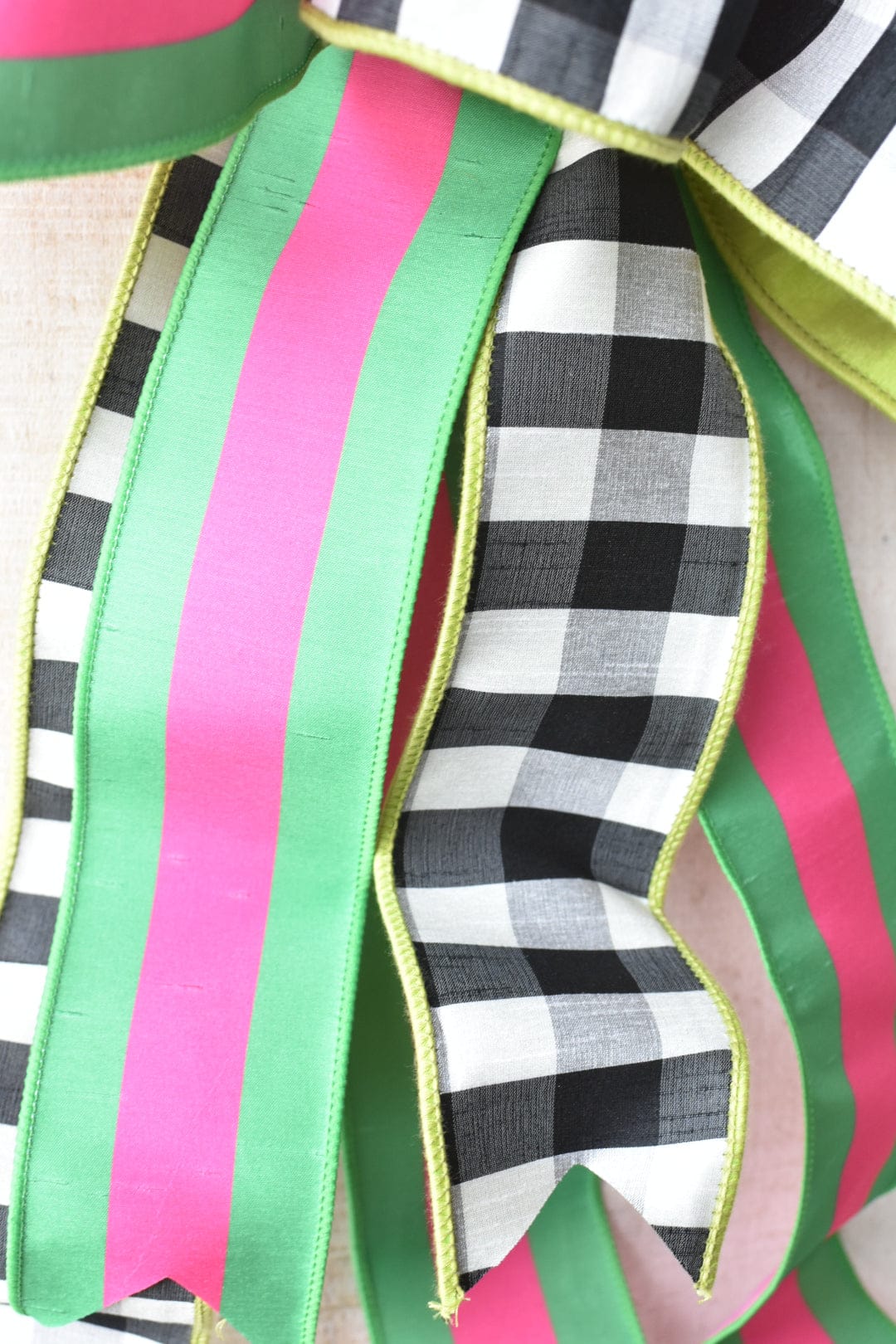 Bright Pink/Green Stripe and Black/White Check Preppy Spring Hand Tied Bow