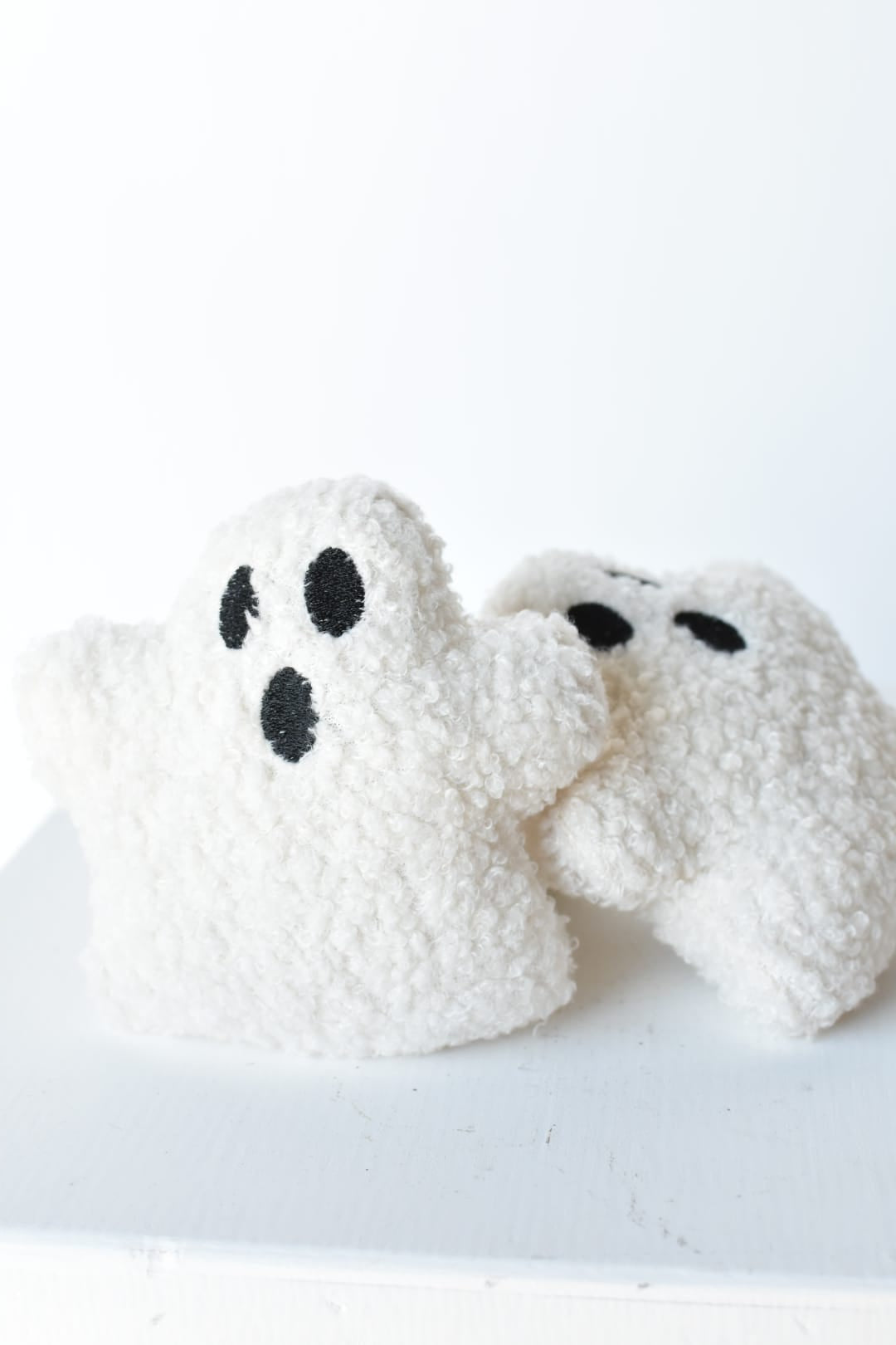 4 inch white boucle mini ghost plush with black embroidered eyes