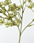 Close-up of faux green sedum plant branches on a light gray background