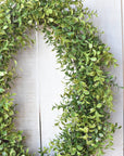faux Variegated boxwood oval wreath on white board background
