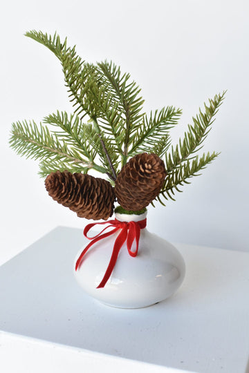 11" Faux Hemloch Stems w/Pinecones in Container with Red Velvet Bow