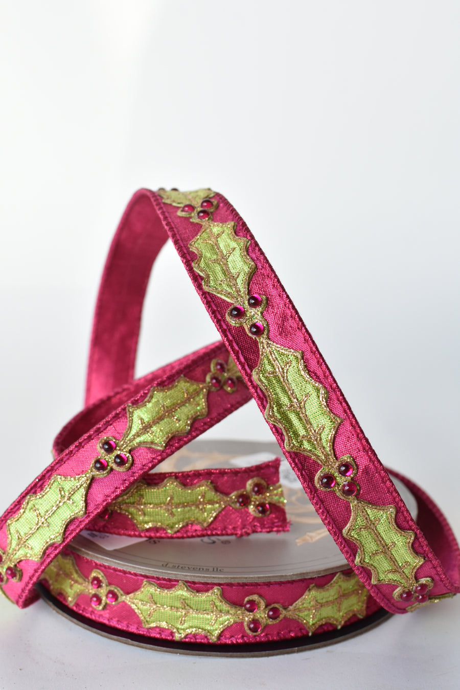 1"x10 yds Pink Lame with Holly and Jewels Ribbon