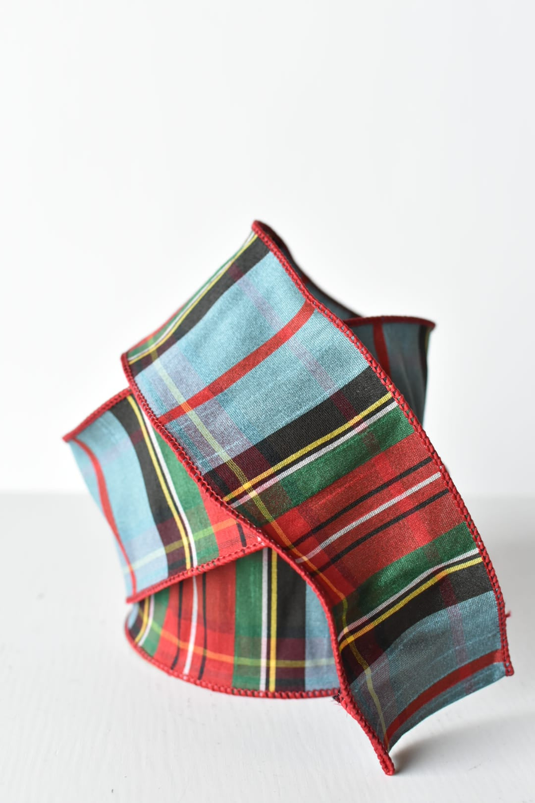 2.5 inch light blue plaid wired ribbon in faux dupioni silk