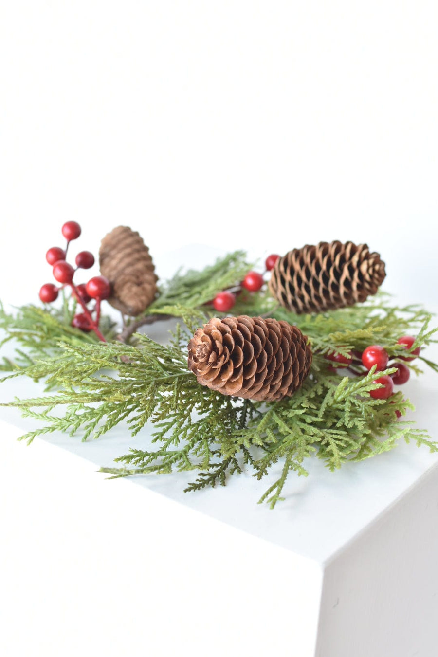 11" Faux Cedar Candle Ring With Pinecones/Berries (Fits up to a 3" Pillar Candle) CR2