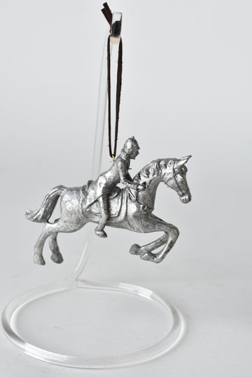 Faux Pewter Horse w/Rider Ornament w/ leather hanger