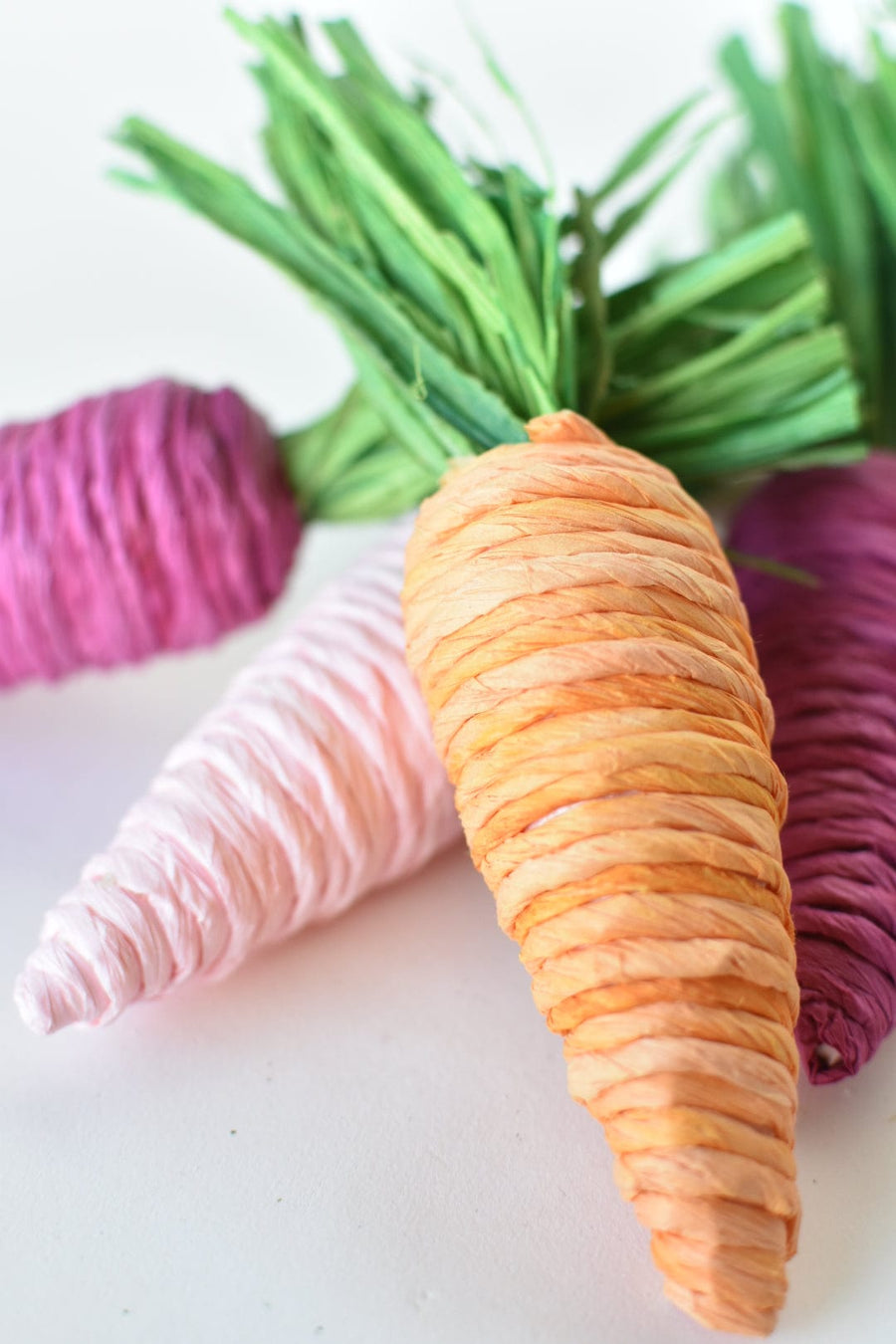 Set of 6 x 7" Pink, Fuchsia, and Orange Raffia Jute Carrots