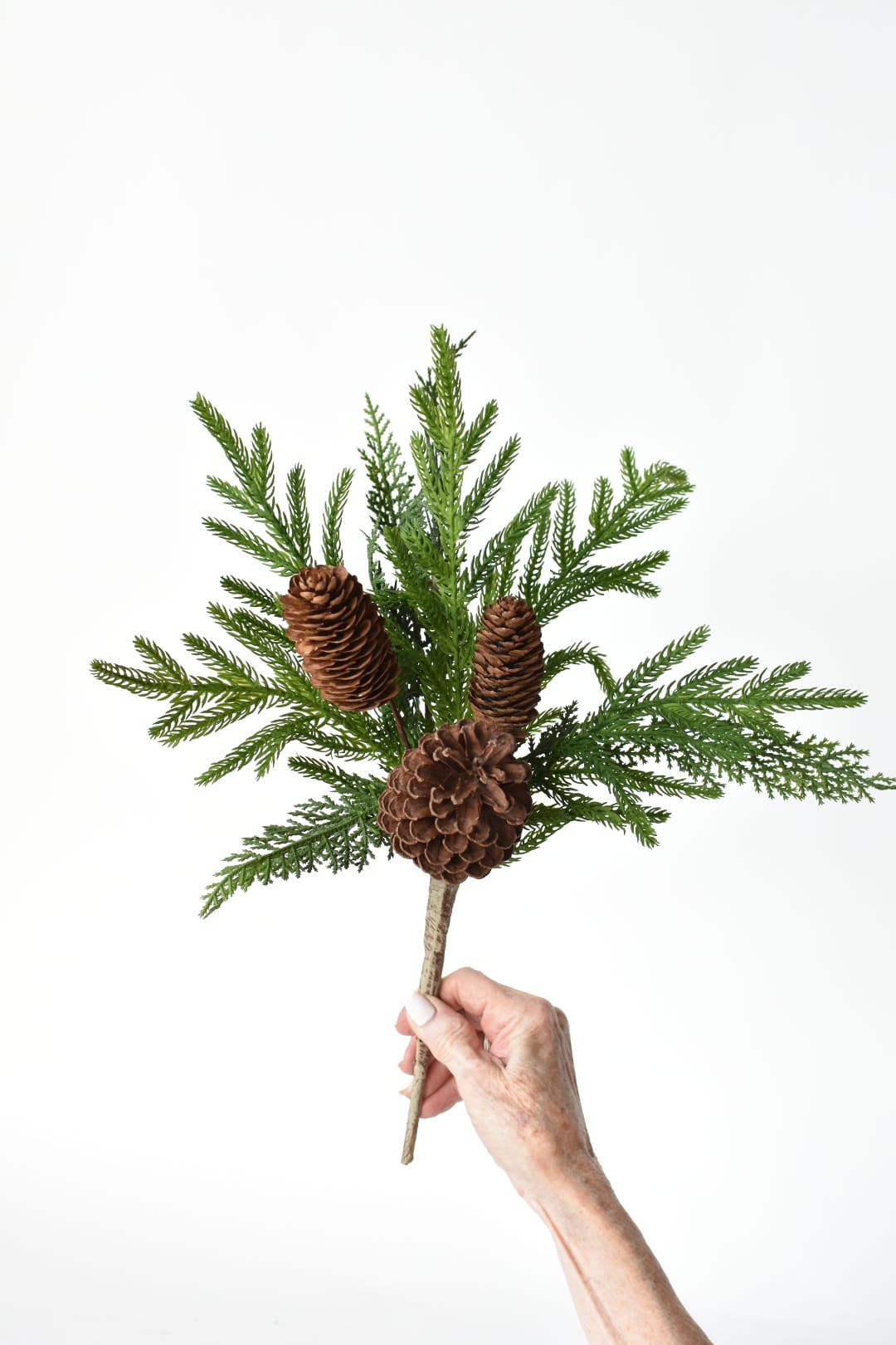 18 inch faux pine and cedar bush with three real pine cones