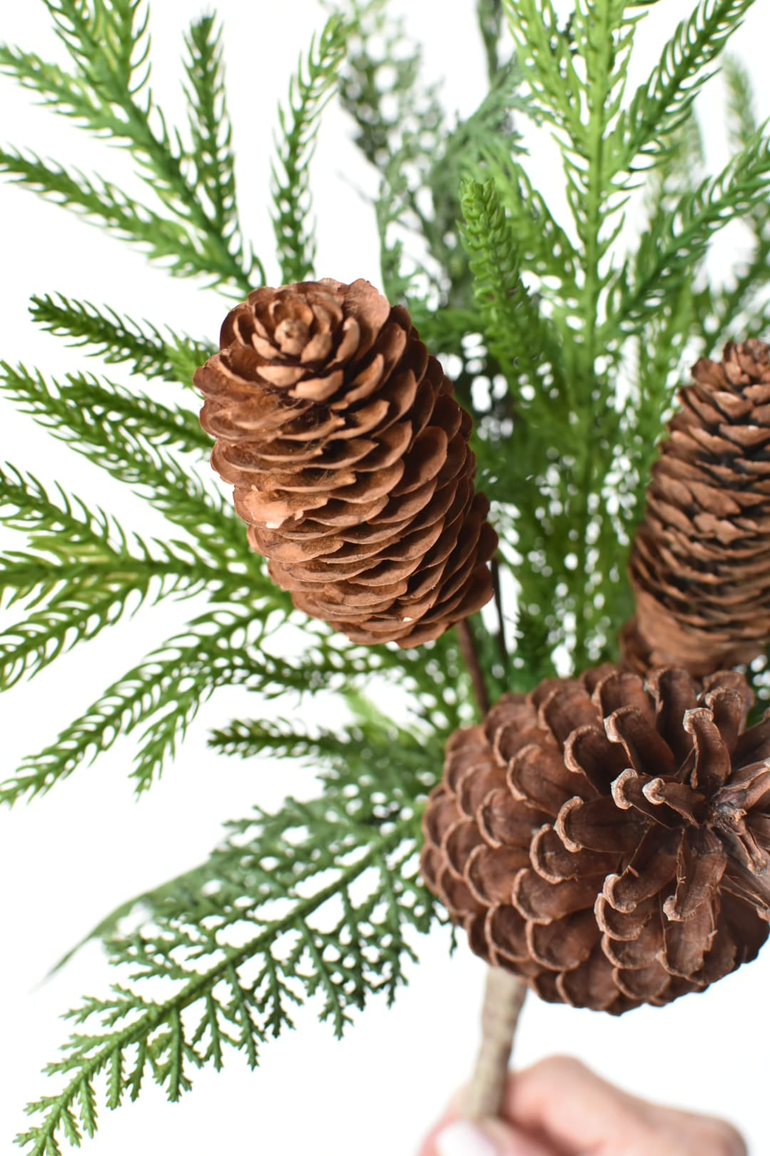 Close-up of faux Norfolk pine and cedar greenery on a wired bush