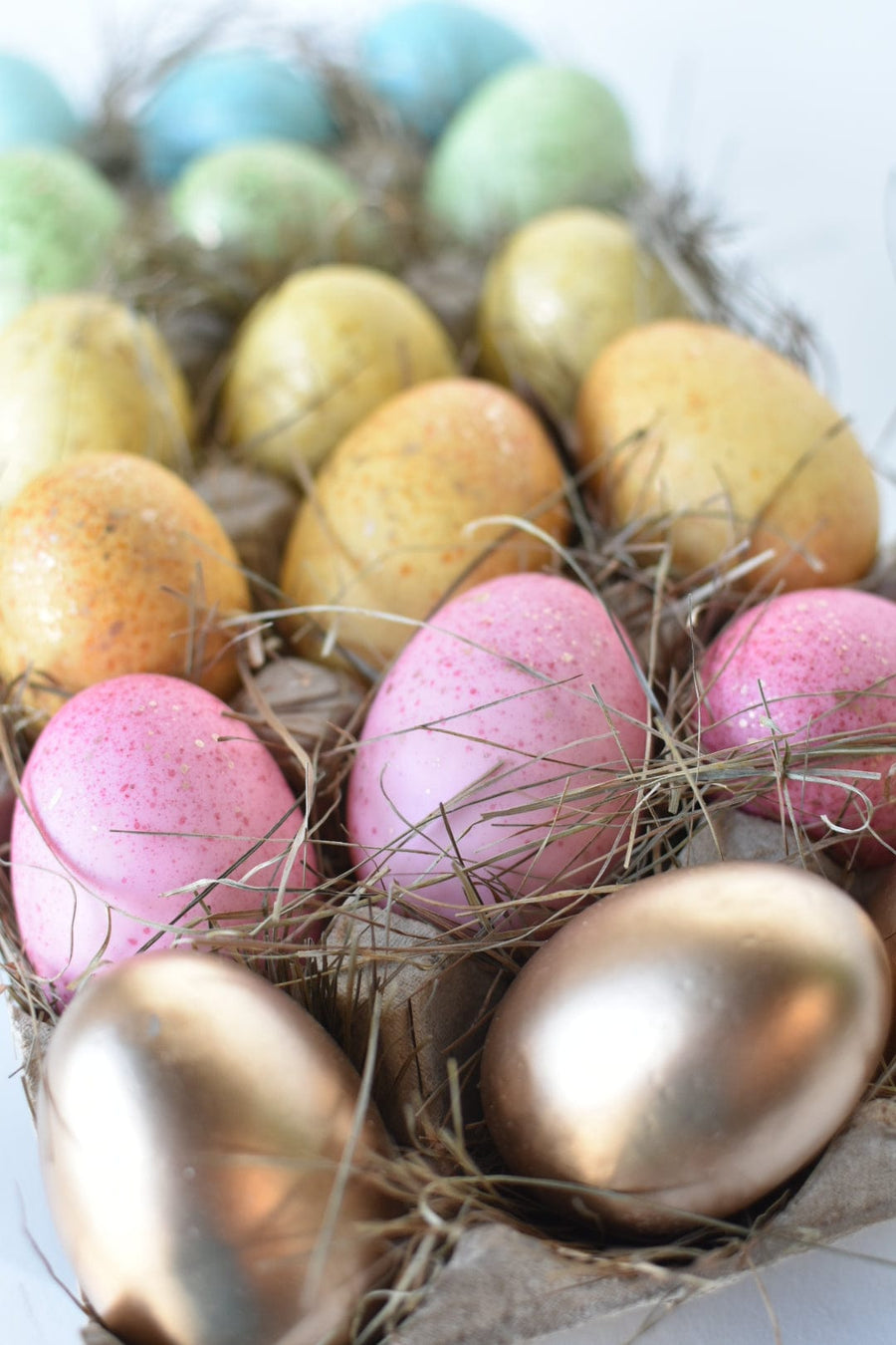 Set of 18 Rainbow Gold Speckled Faux Eggs In Crate