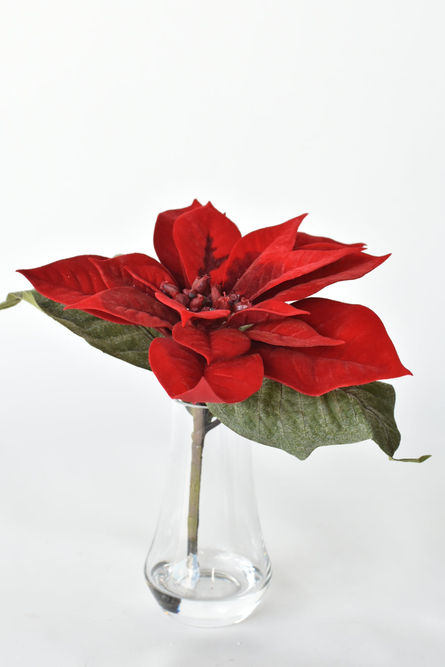 Faux Red Poinsettia in Glass Vase w/Faux Water