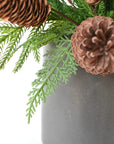 Container filled with three artificial pine and cedar bushes with real pine cones