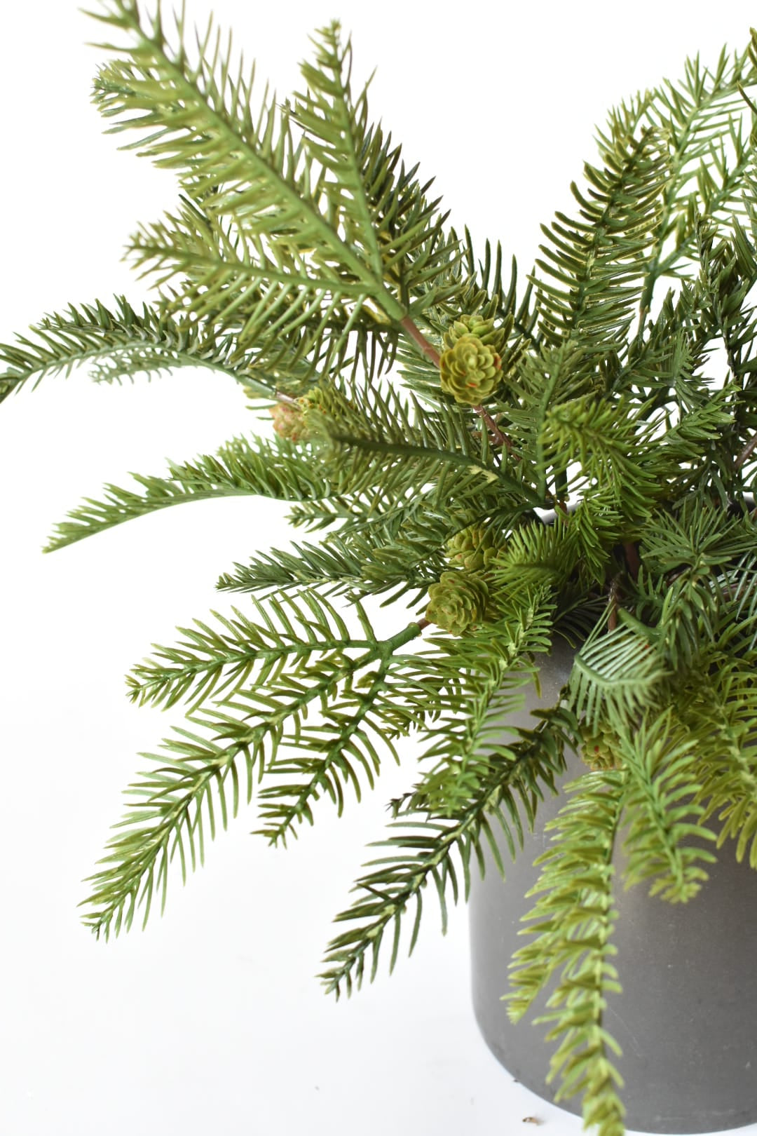 Two faux pine bushes with pinecones filling one pot