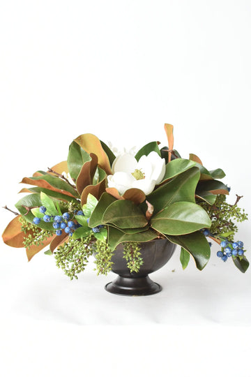 Magnolia/Hydrangea Arrangement in Compote