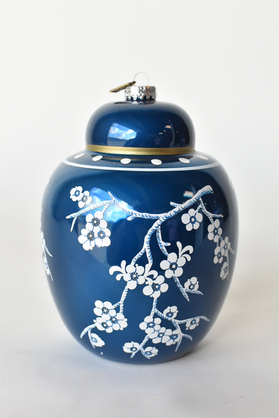 6.5" Glass Blue Ginger Jar Ornament with Gold Detail