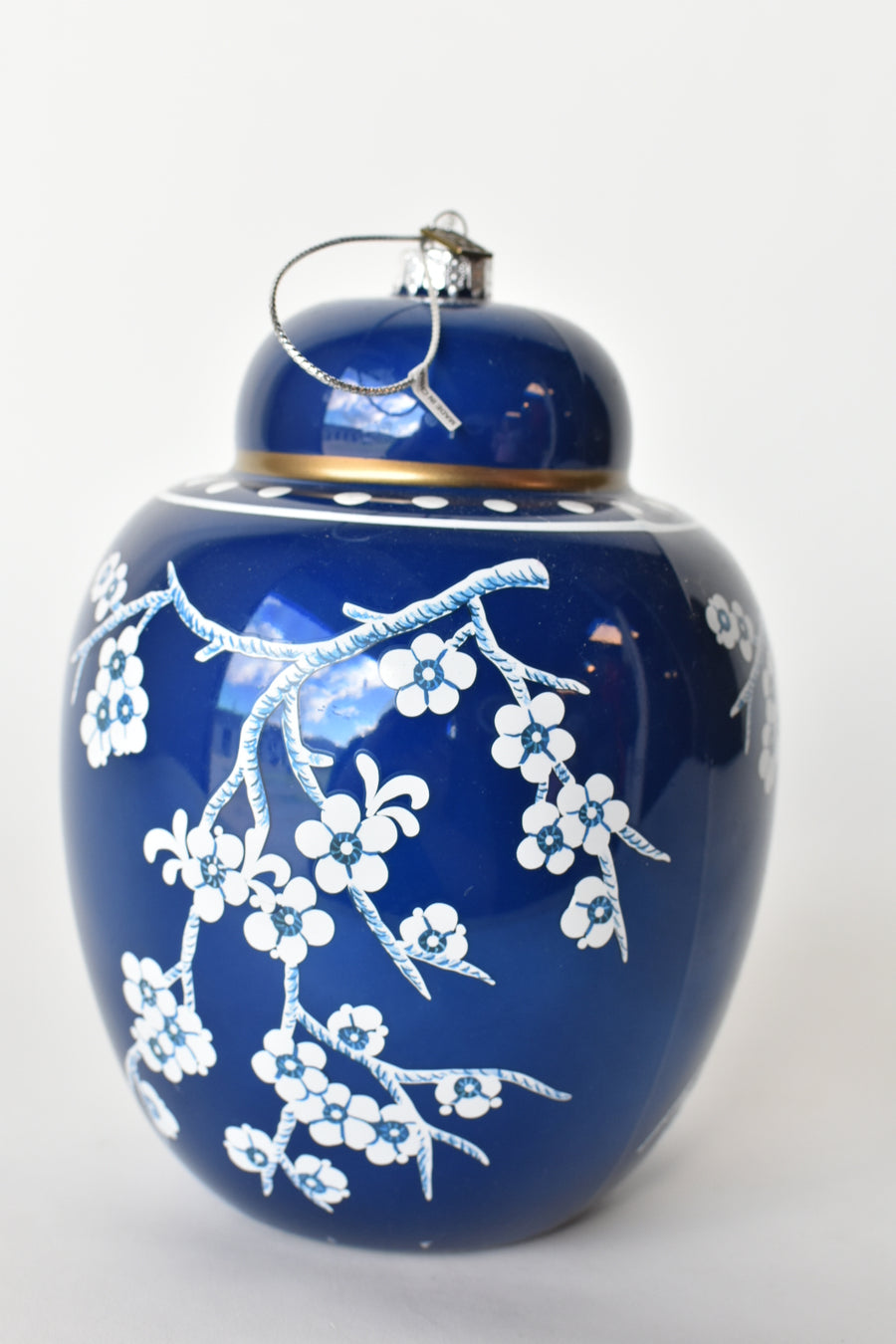 8" Glass Blue Ginger Jar Ornament with Gold Detail