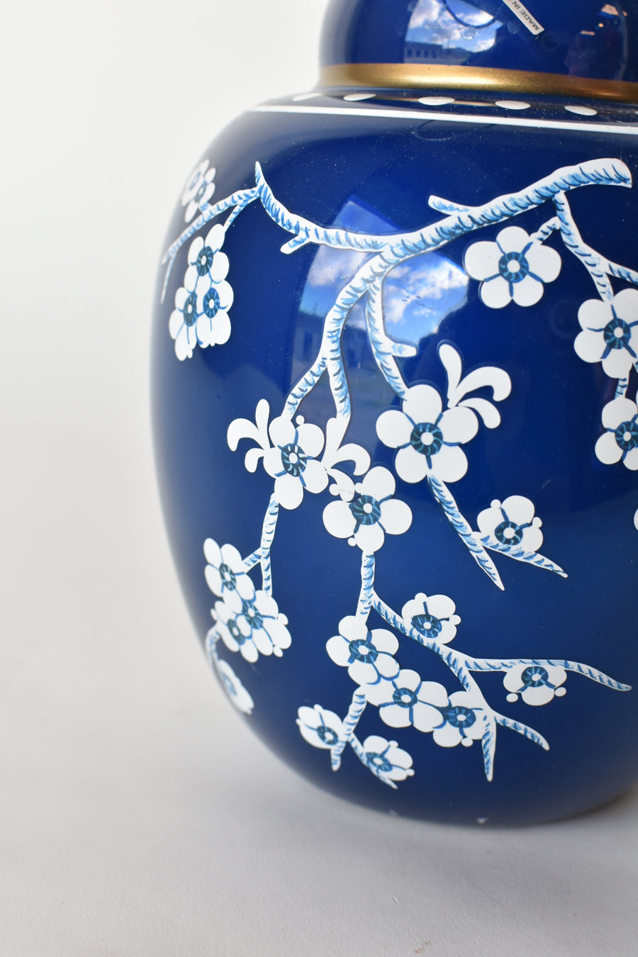 8" Glass Blue Ginger Jar Ornament with Gold Detail