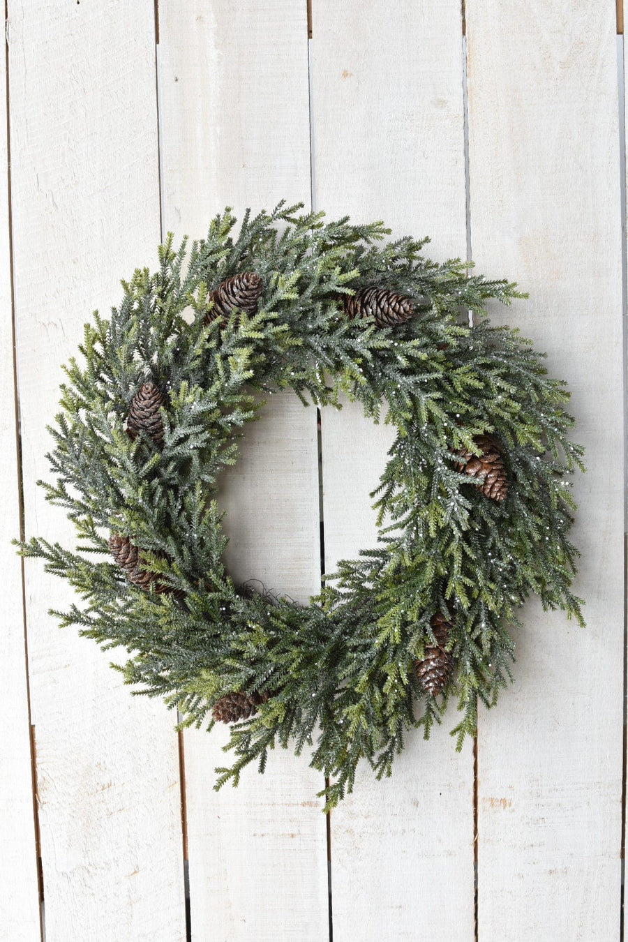 24" Glittered Faux Pine Wreath With Faux Pinecones