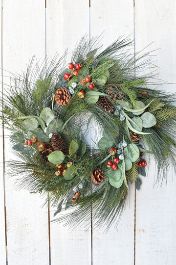 24" Faux Mixed Eucalyptus, Pine, and Berry Wreath