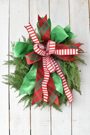 Red Green Plaid Bow with White/Red Stripe