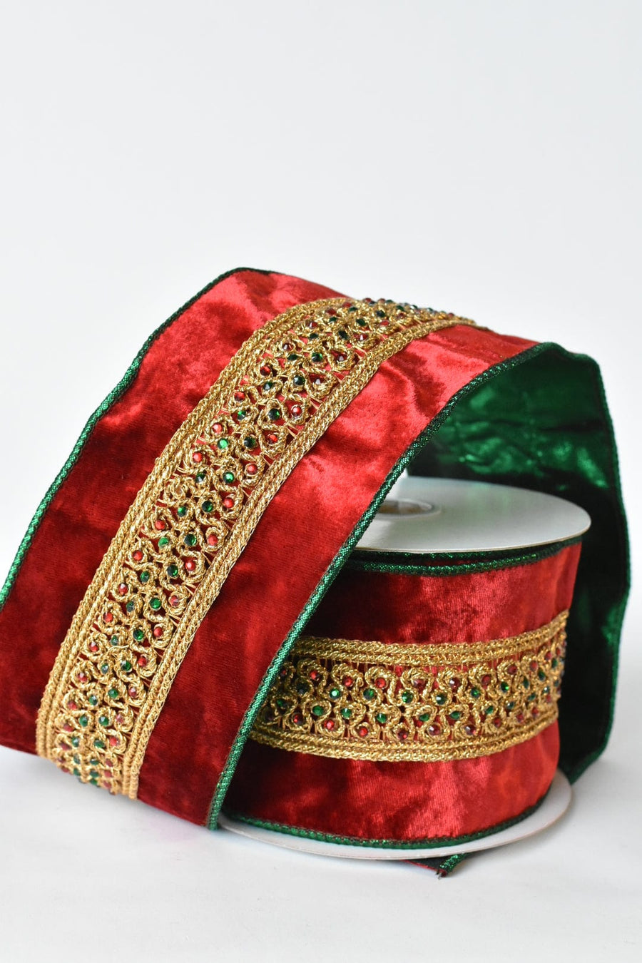 4" Red Green Jeweled Ribbon with Green Lame Back