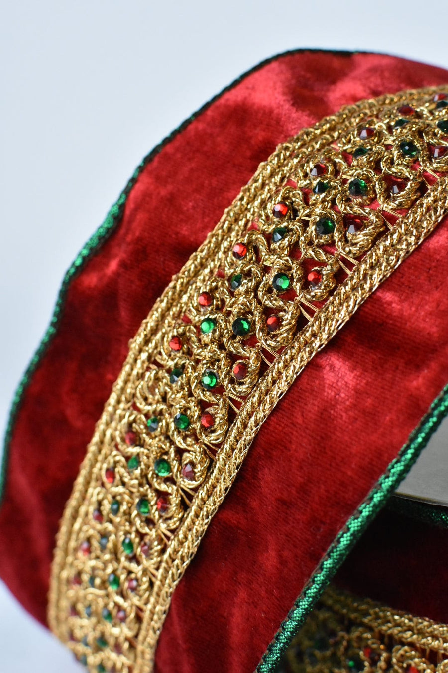 4" Red Green Jeweled Ribbon with Green Lame Back