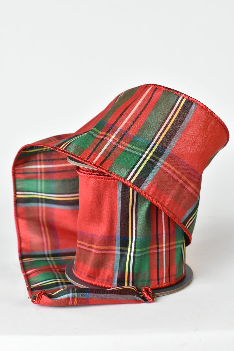 4" Red and Multicolor Tartan Faux Dupioni Ribbon