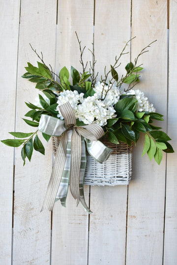 White + Green Laurel and Hydrangea Basket