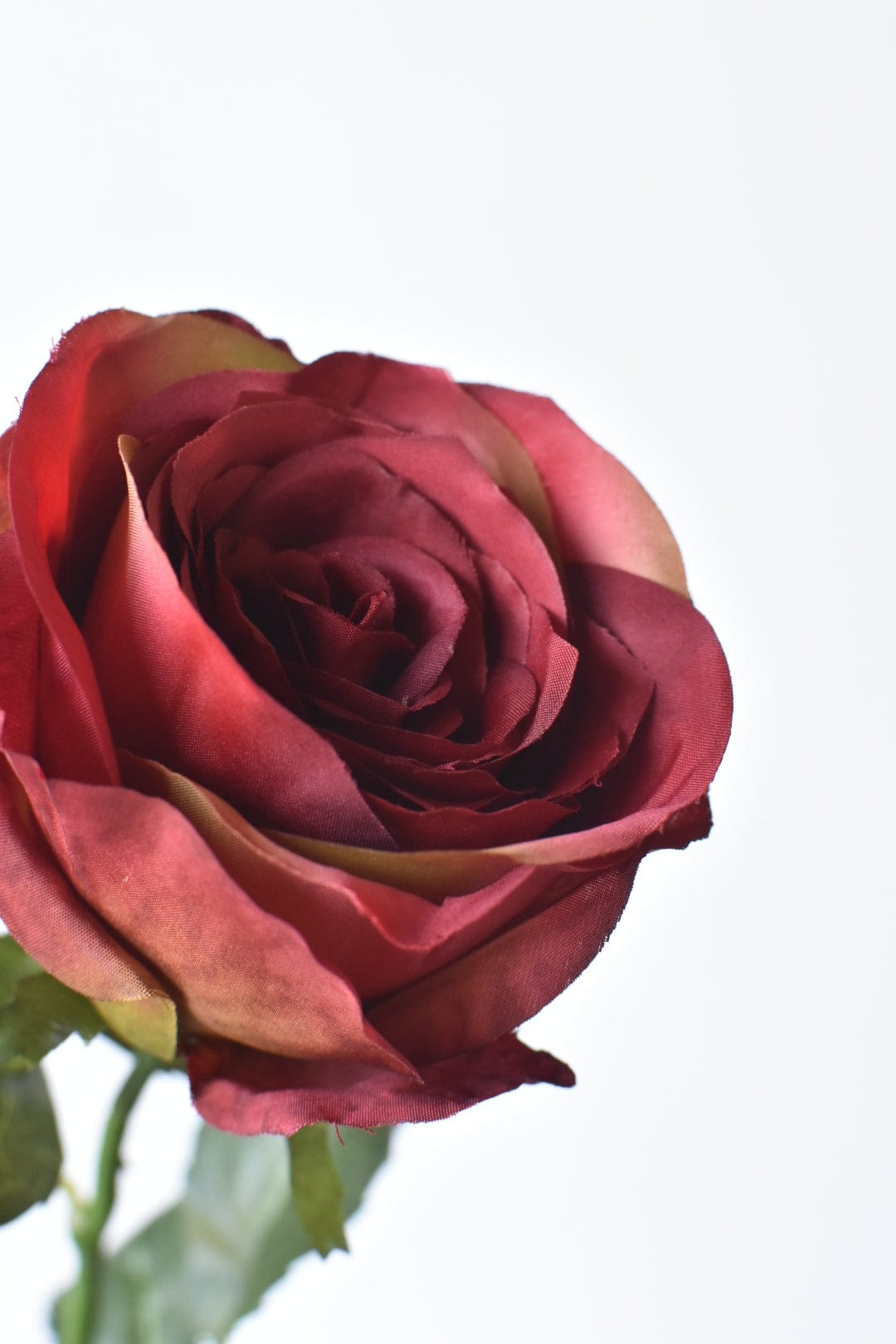 22" Faux Tea Stained Burgundy Rose Bud Spray Stem