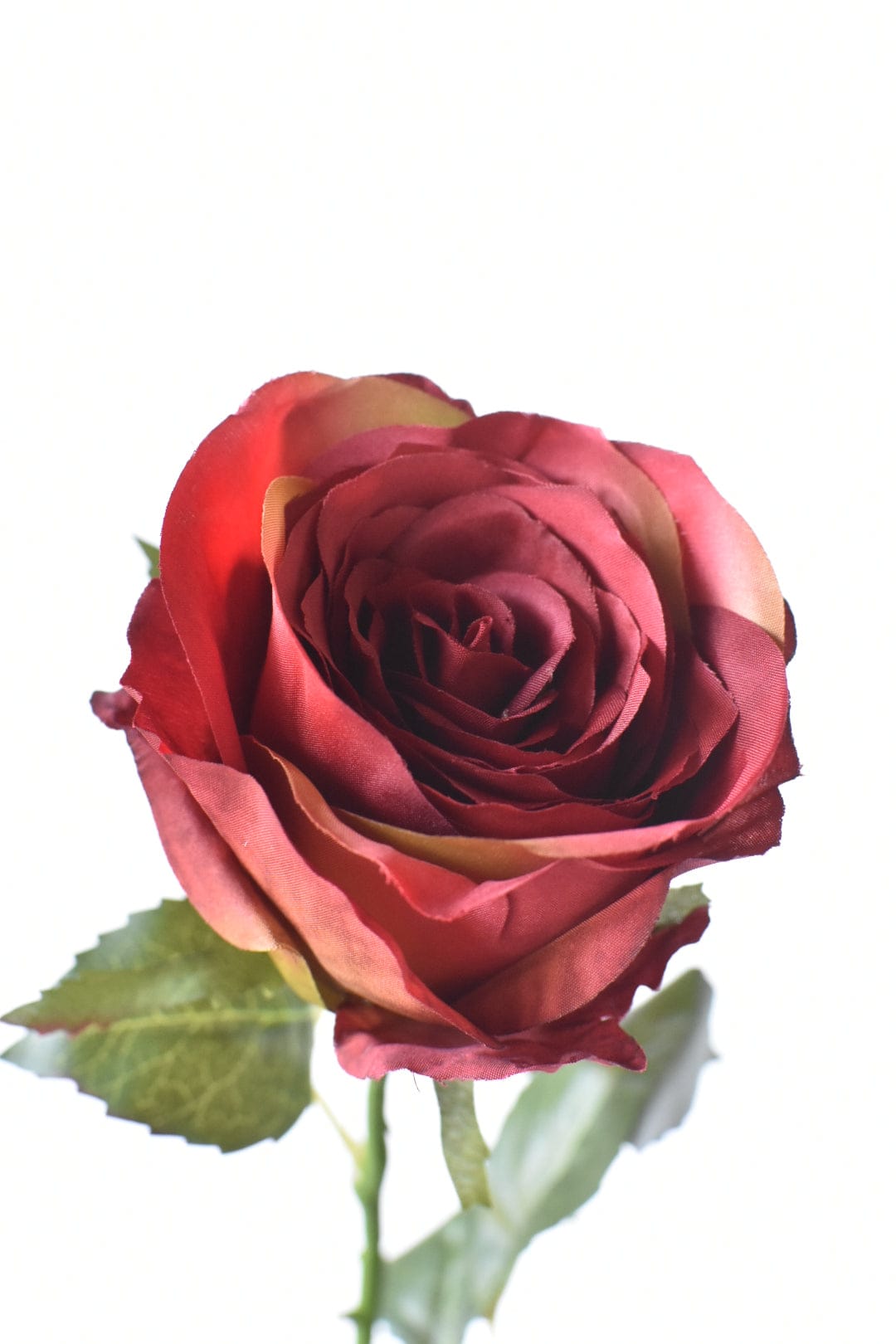 22" Faux Tea Stained Burgundy Rose Bud Spray Stem