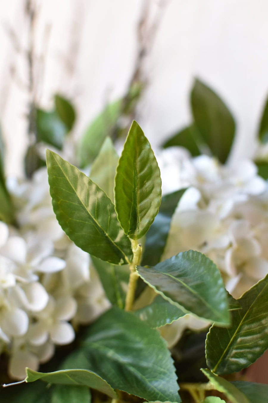 White + Green Laurel and Hydrangea Basket Blue/Green Bow