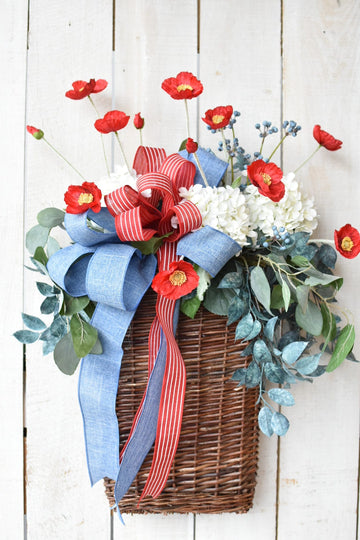 Red Poppy and White Hydrangea Basket